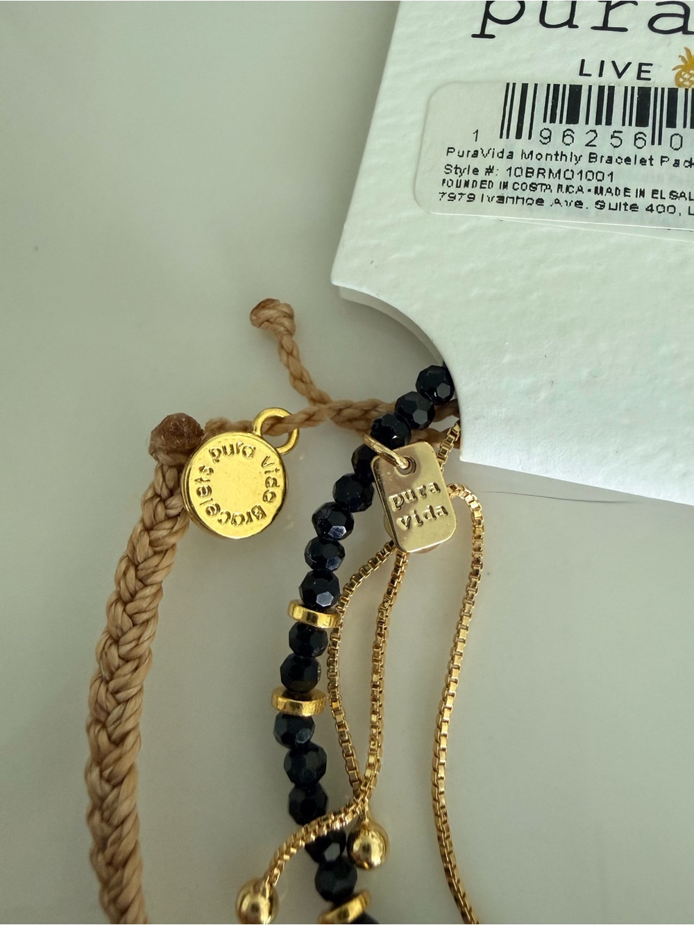 Pura Vida Black, Tan & Gold Layered Bracelet Stack with 'grateful' Script - Picture 4 of 4